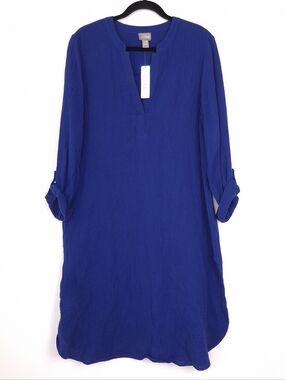 Chicos 2.5 Gauze Notch Neck Midi Dress Stratus Blue coastal resort wear roll tab